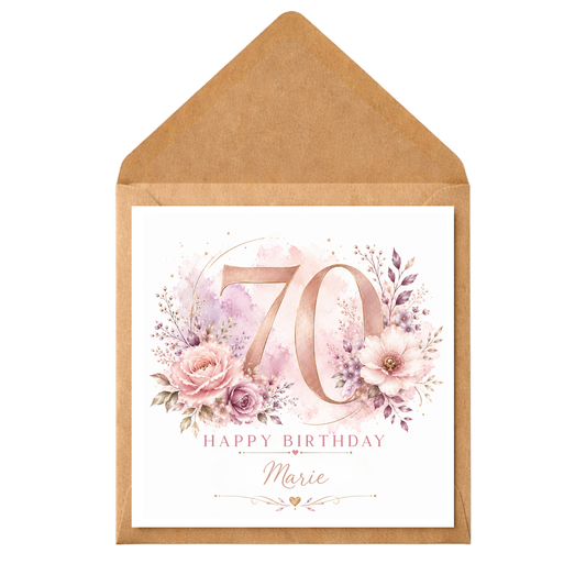 Personalised 70th Birthday Card for Her, Pink Floral 70 Birthday Card, Custom Name Card, Mum Nan Grandma Wife Sister 70th Birthday