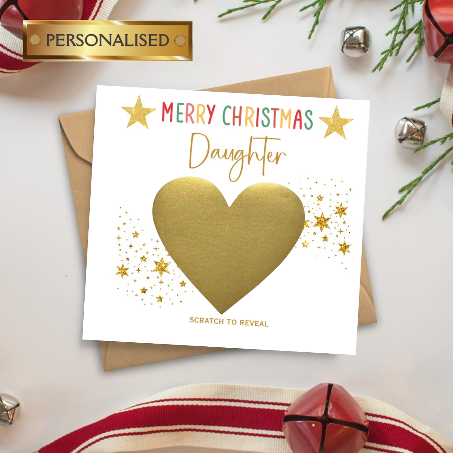 Personalised Scratch to Reveal Christmas Card – Custom Name or Relation | Secret Message Under Gold Heart | Special Christmas Gift Card