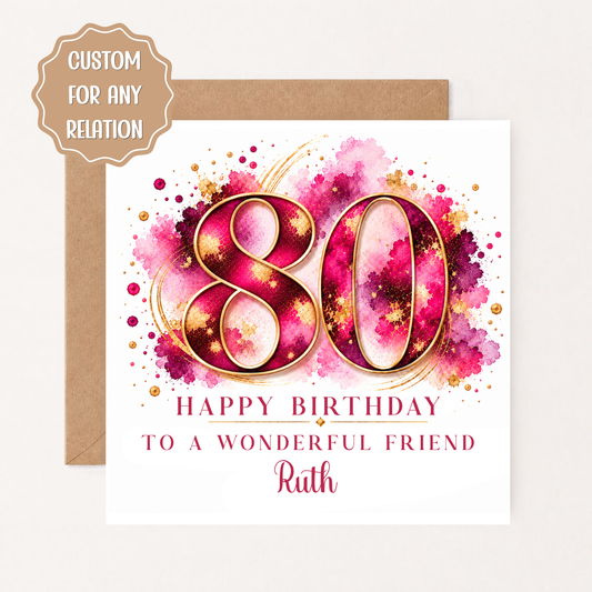 Personalised 80th Birthday Card for Her, Mum, Nan, Grandma, Wife or Friend, Pink & Gold Birthday Card with Name