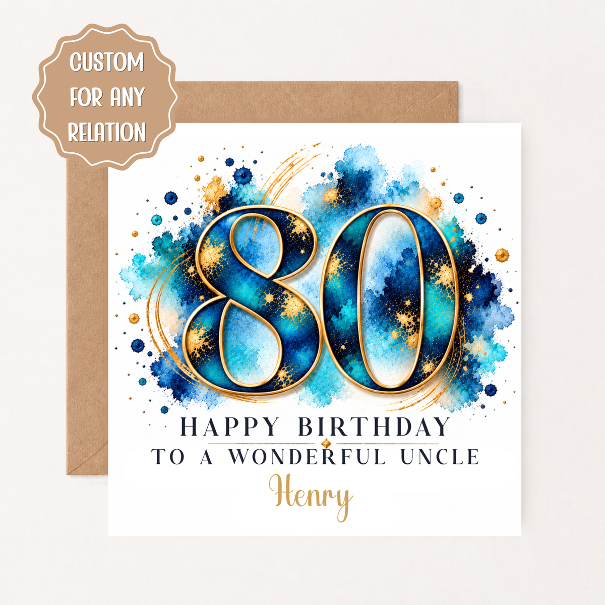 Personalised 80th Birthday Card for Him, Grandad, Dad, Husband, Uncle, Blue Gold 80th Birthday Card, Custom Name