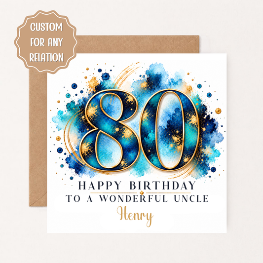 Personalised 80th Birthday Card for Him, Grandad, Dad, Husband, Uncle, Blue Gold 80th Birthday Card, Custom Name