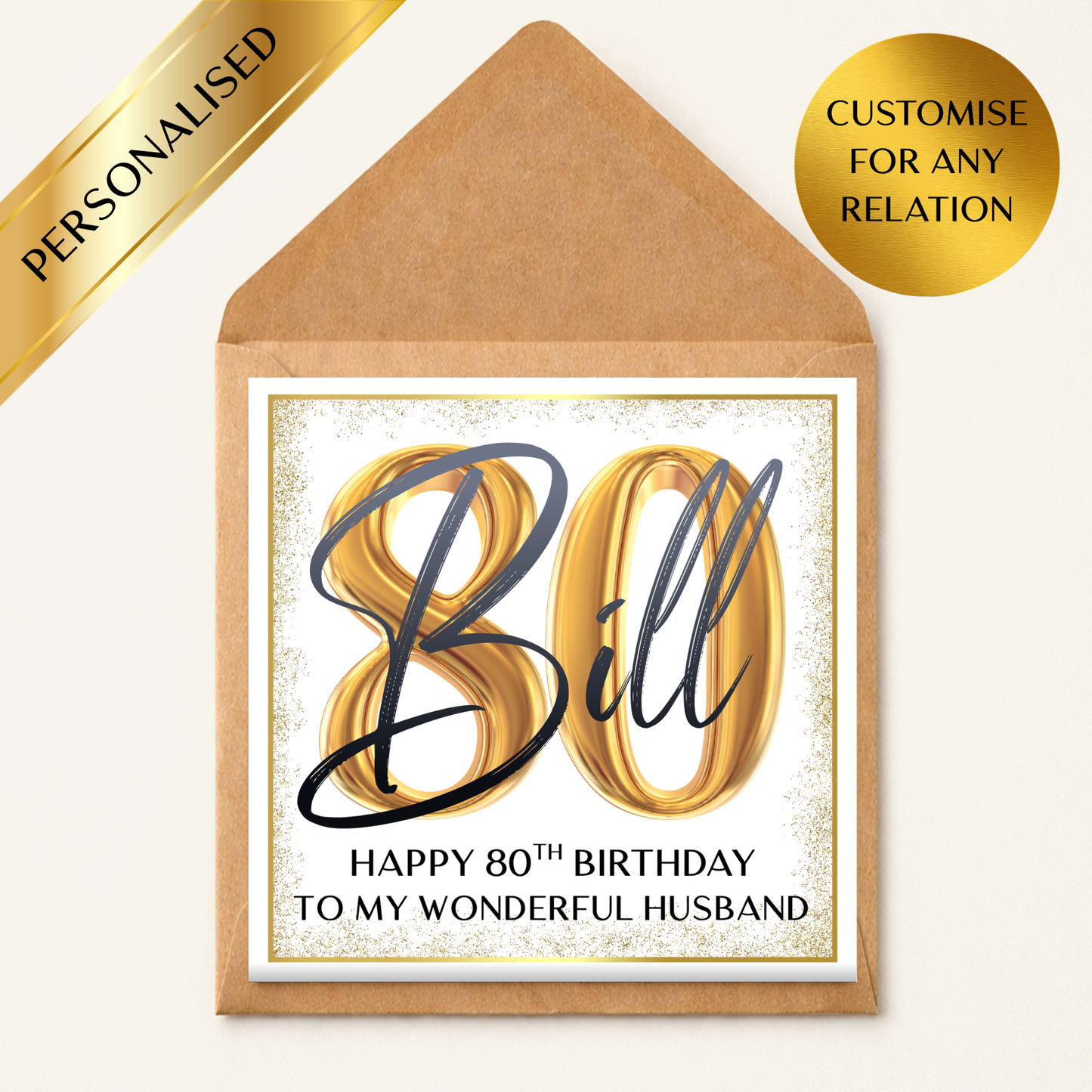 Personalised 80th Birthday Card, Elegant Gold 80th Card, Custom Any Name & Relation, Luxury Milestone Birthday Card for Husband Wife Mum Dad