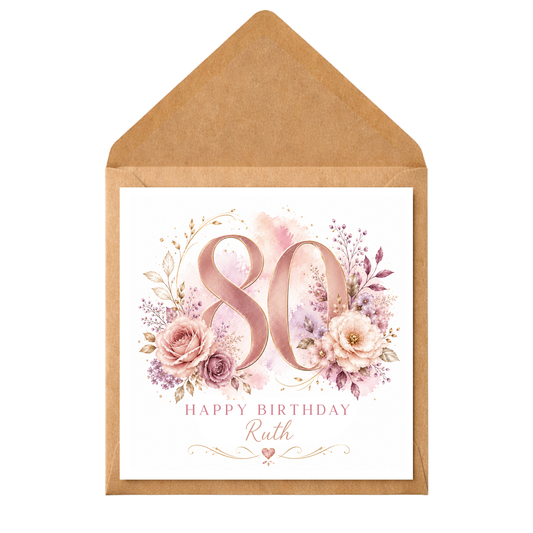 Personalised 80th Birthday Card for Her, Pink Floral 80 Birthday Card, Custom Name Card, Mum Nan Grandma Gran 80th Birthday Card