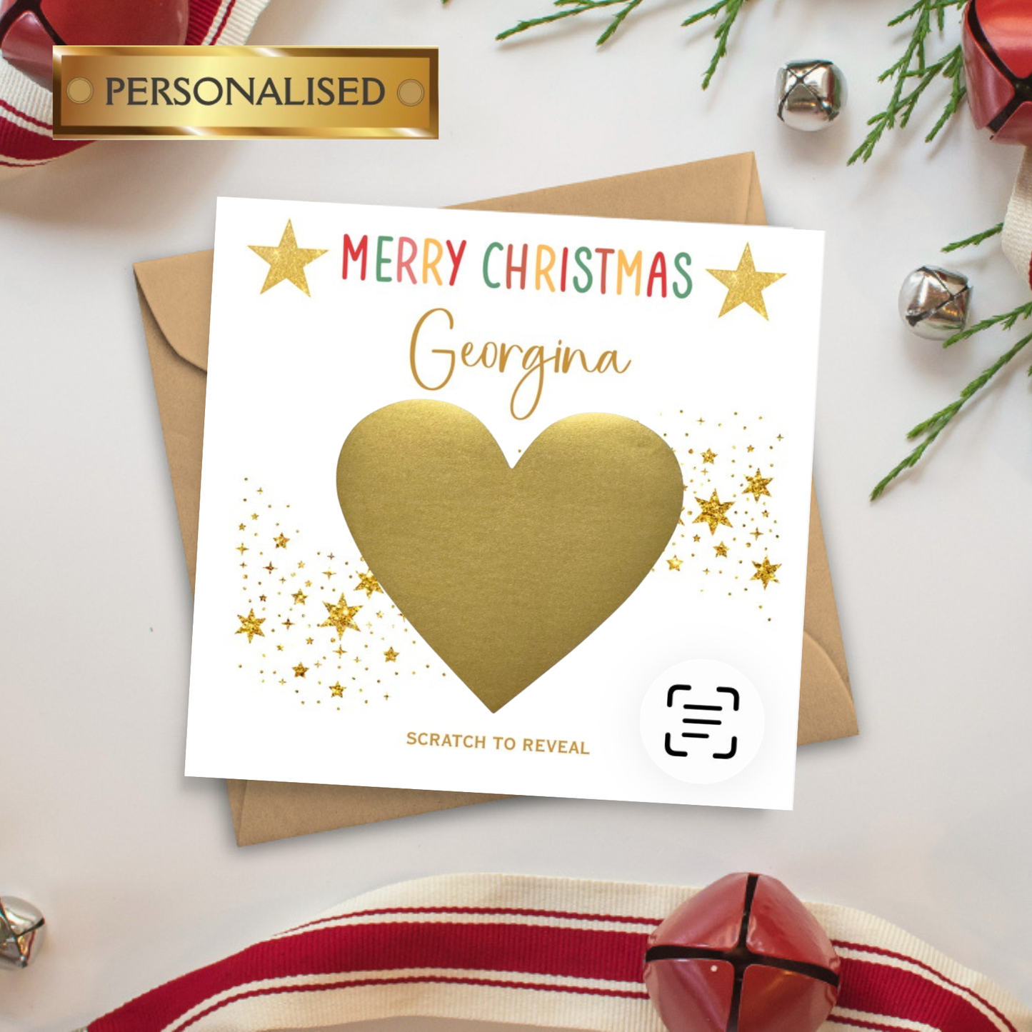 Personalised Scratch to Reveal Christmas Card – Custom Name or Relation | Secret Message Under Gold Heart | Special Christmas Gift Card