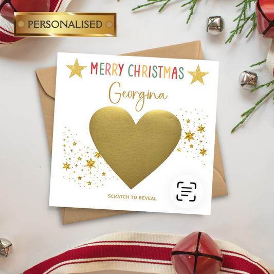 Personalised Scratch to Reveal Christmas Card – Custom Name or Relation | Secret Message Under Gold Heart | Special Christmas Gift Card