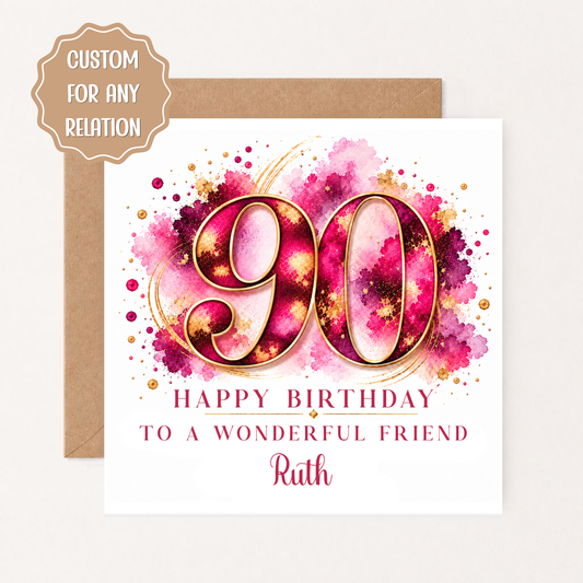 Personalised 90th Birthday Card for Her, Mum, Nan, Grandma or Friend, Pink & Gold Ninetieth Birthday Card with Name