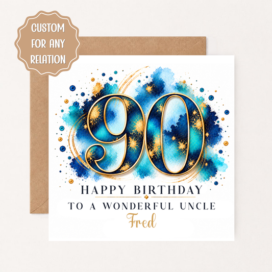 Personalised 90th Birthday Card for Him, Grandad, Dad, Uncle, Great Grandad, Blue Gold 90th Birthday Card, Custom Name