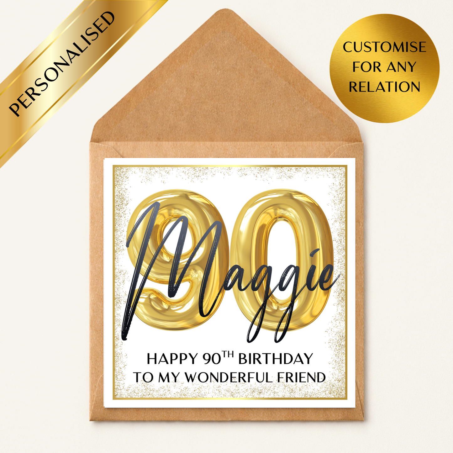 Personalised 90th Birthday Card, Any Name & Relation, Gold Balloon 90 Birthday Card, Custom Milestone Birthday Card for Friend Mum Dad Grandma