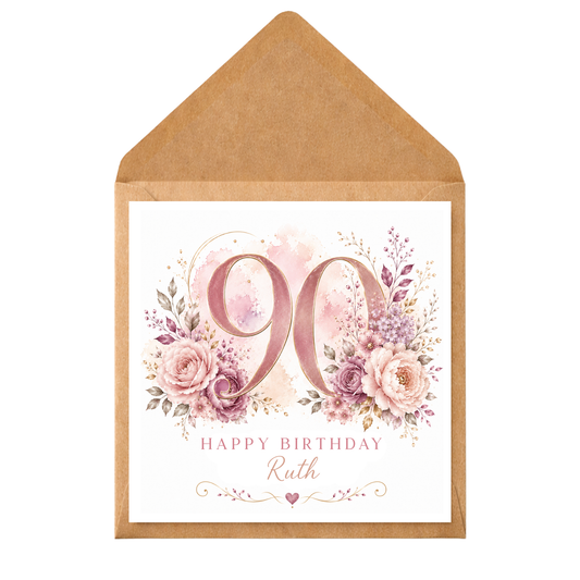 Personalised 90th Birthday Card for Her, Pink Floral 90 Birthday Card, Custom Name Card, Mum Nan Grandma Gran 90th Birthday Card