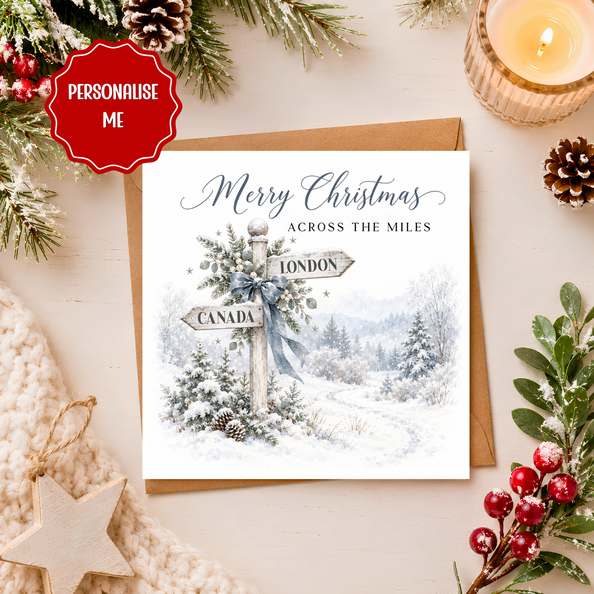 Personalised Across The Miles Christmas Card, Long Distance Christmas Card, Family Abroad Card, Custom Location Christmas Card