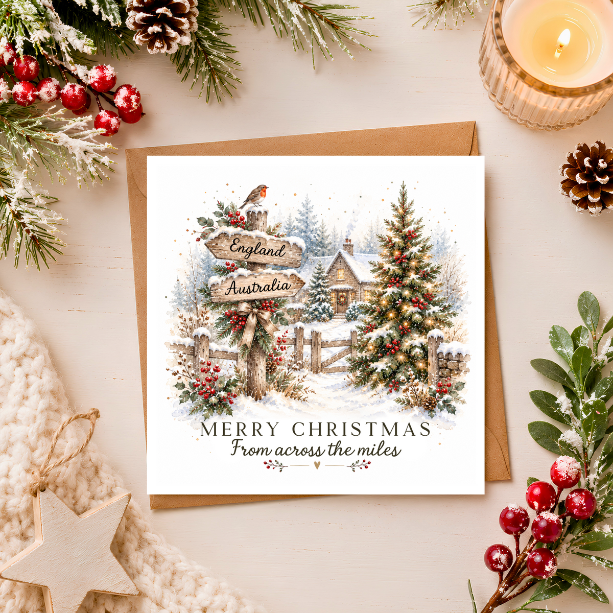 Personalised Across the Miles Christmas Card, Custom Country Signpost, Long Distance Family Christmas Card, Friends Abroad, Watercolour Xmas Card