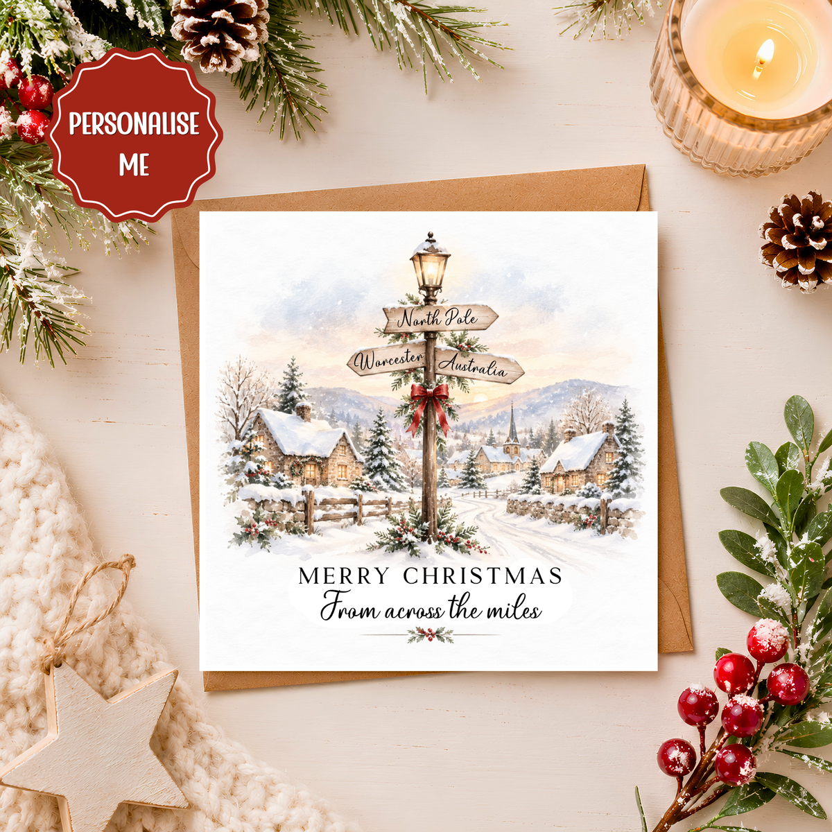 Personalised Christmas Card From Across the Miles, Long Distance Christmas Card, Snowy Village Watercolour Xmas Card, Family & Friends
