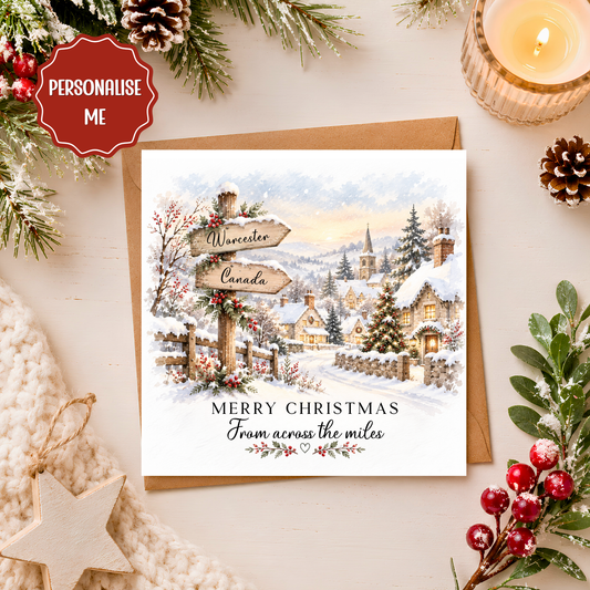 Personalised Christmas Card Across the Miles, Long Distance Christmas Card, Custom Location Signpost, Family Abroad Xmas Card