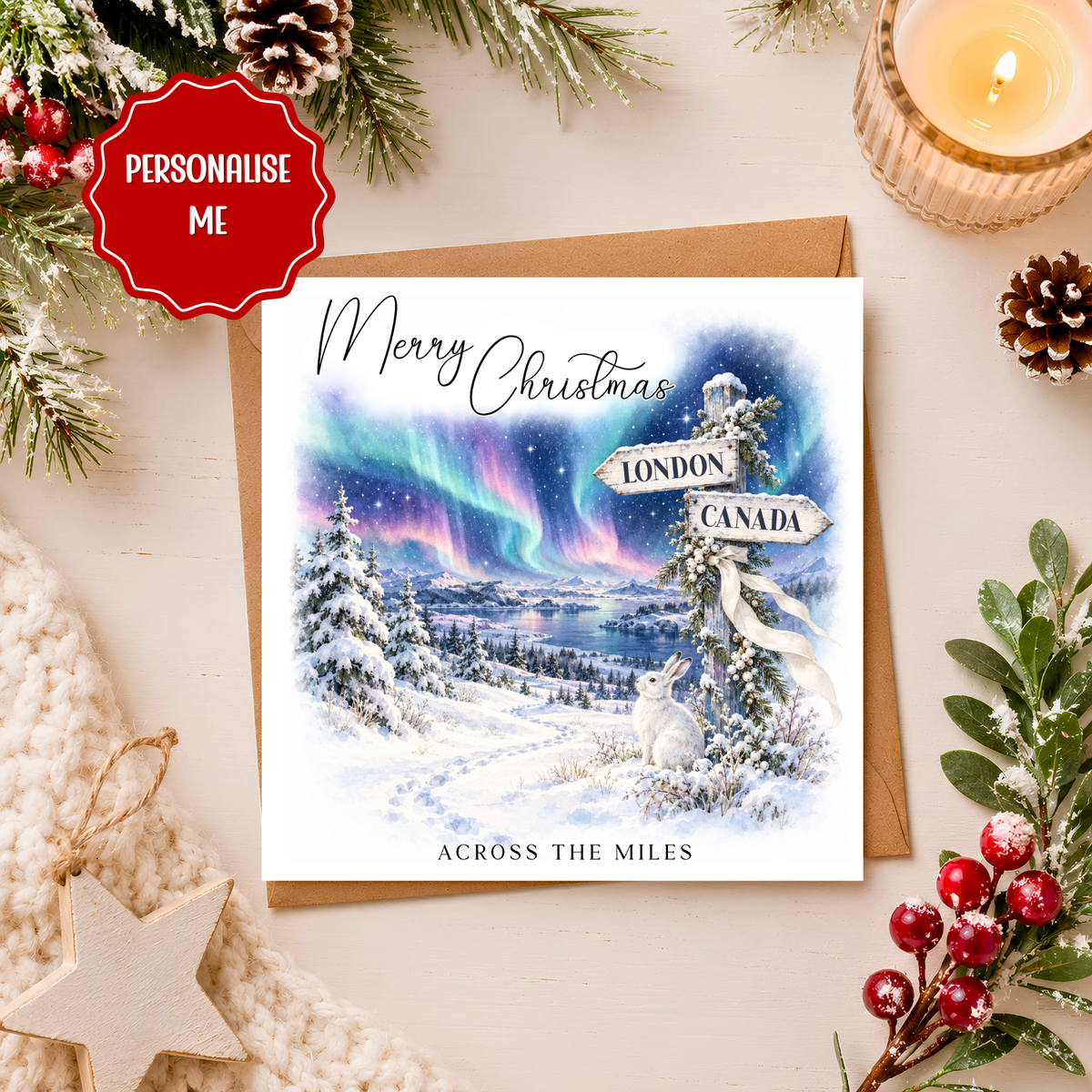 Personalised Across The Miles Christmas Card, Northern Lights Christmas Card, Family Abroad Card, Long Distance Xmas Card, Custom Locations