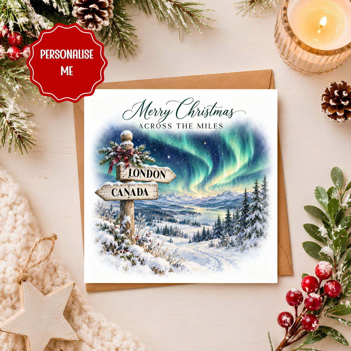 Personalised Across The Miles Christmas Card, Northern Lights Christmas Card, Family Abroad Card, Long Distance Xmas Card, Custom Locations
