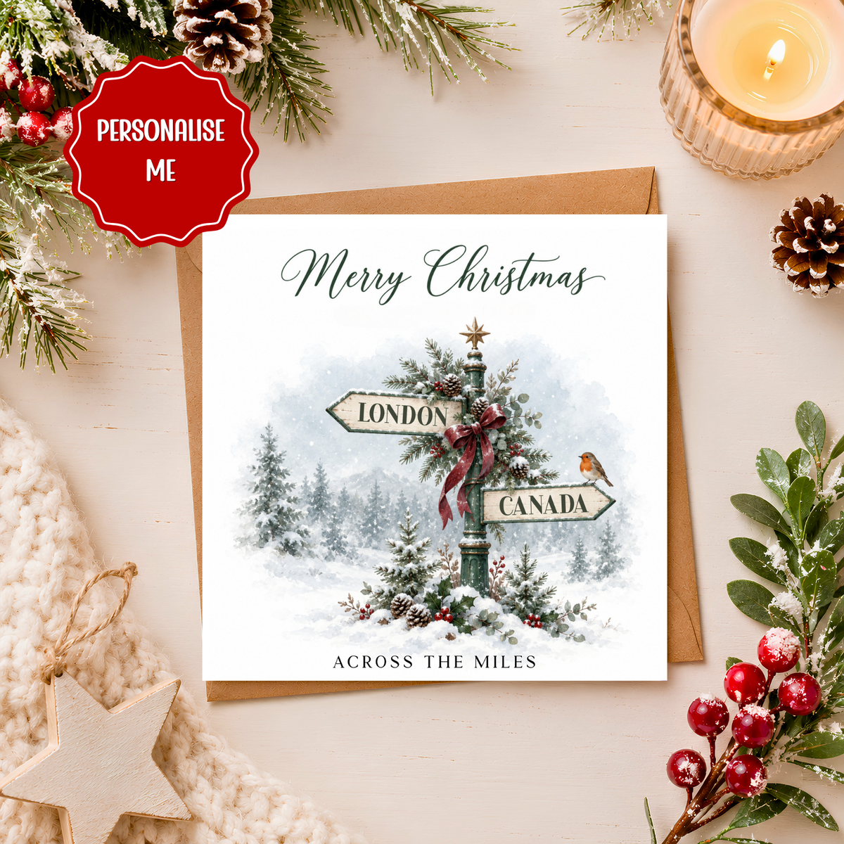 Personalised Across The Miles Christmas Card, Long Distance Christmas Card, Family Abroad Card, Custom Location Christmas Card