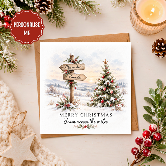 Personalised Christmas Card Across the Miles, Long Distance Xmas Card, Custom Location Signpost, Christmas Tree Card for Family Abroad