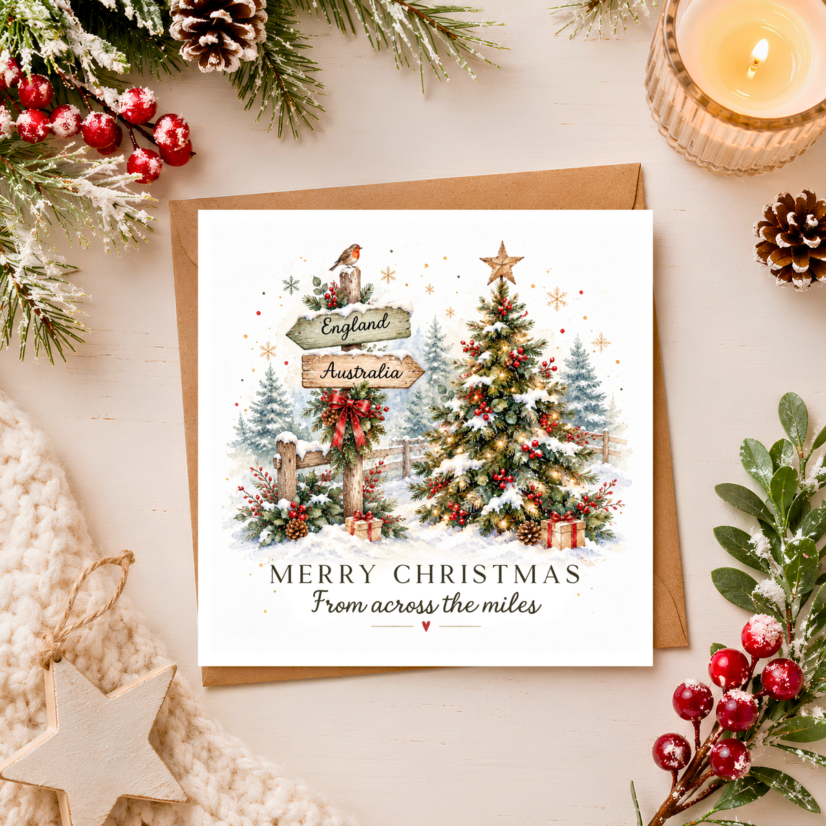 Personalised Across the Miles Christmas Card, Custom Country Signpost, Long Distance Family Christmas Card, Friends Abroad, Watercolour Xmas Card