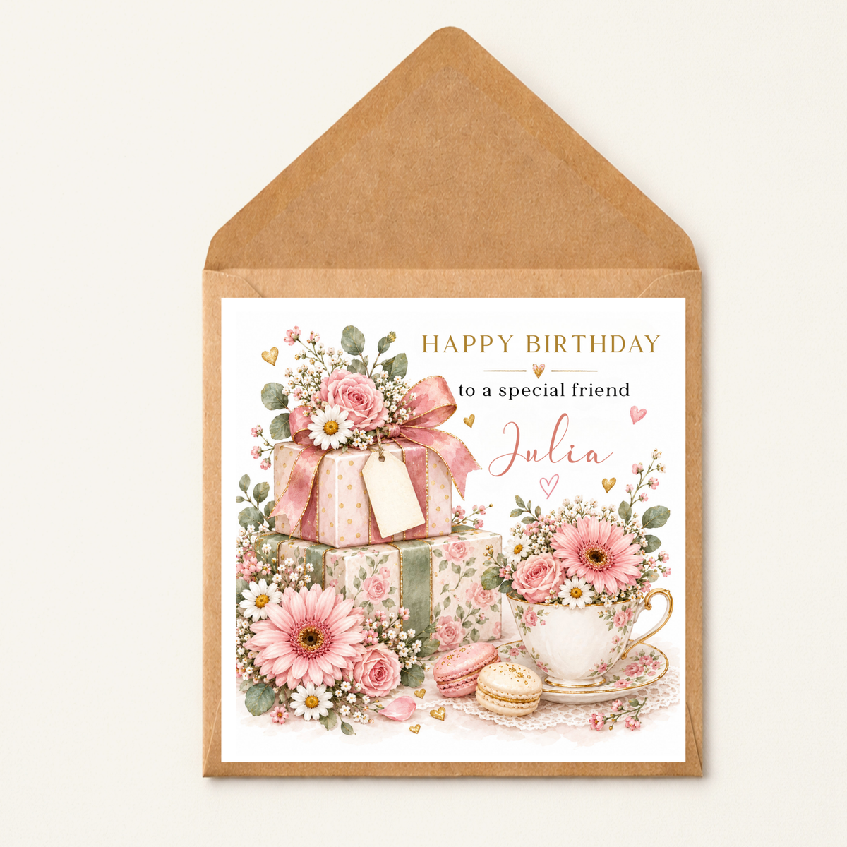 Personalised Birthday Card for a Special Friend, Floral Afternoon Tea Card, Custom Name Card, Pretty Pink Birthday Card for Her
