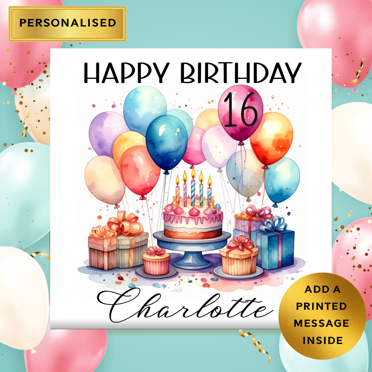 Personalised Birthday Card – Any Age | Custom Name & Age Birthday Card | Balloon and Cake Design | Milestone Birthday Card