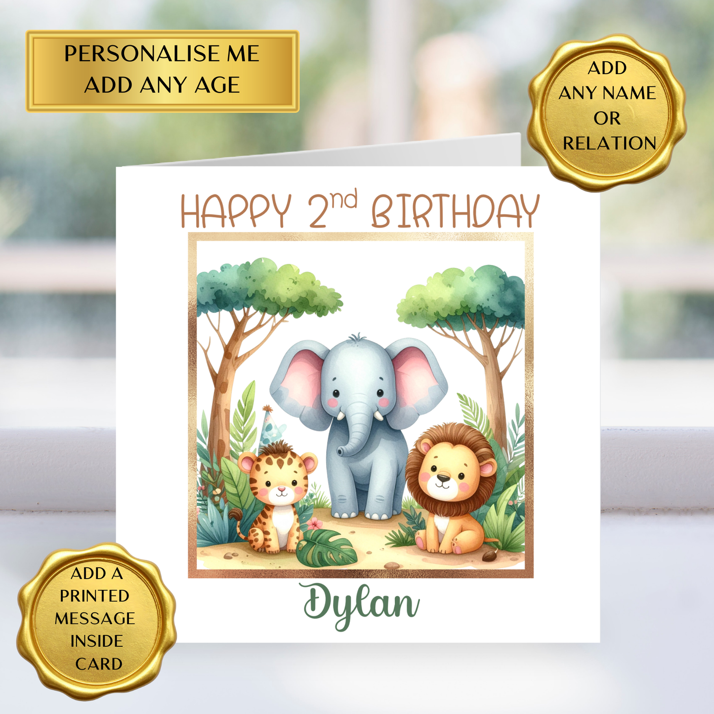 Personalised Birthday Card for Boy | Cute Safari Animals Birthday Card | Elephant Lion Jungle Card | Any Age | Custom Name Card