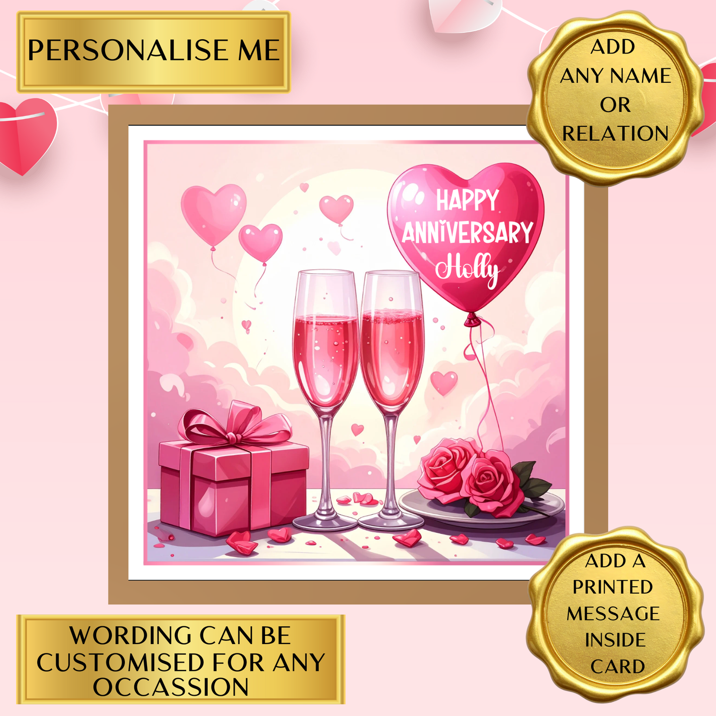 Personalised Anniversary Card – Add Any Name or Relation – Custom Occasion – Romantic Champagne & Roses Anniversary – Printed Message Option