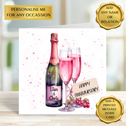 Personalised Anniversary Card – Any Name & Relation – Champagne Celebration Card – Custom Couples Card – Printed Inside Option – Wedding, Engagement, Valentine