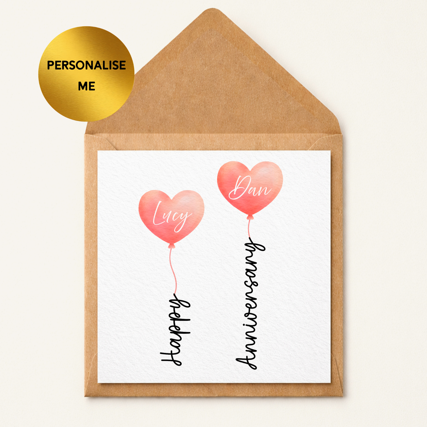 Personalised Anniversary Card, Any Recipient AnniversaryPersonalised Anniversary Card, Heart Balloon Couple Card, Romantic Custom Names