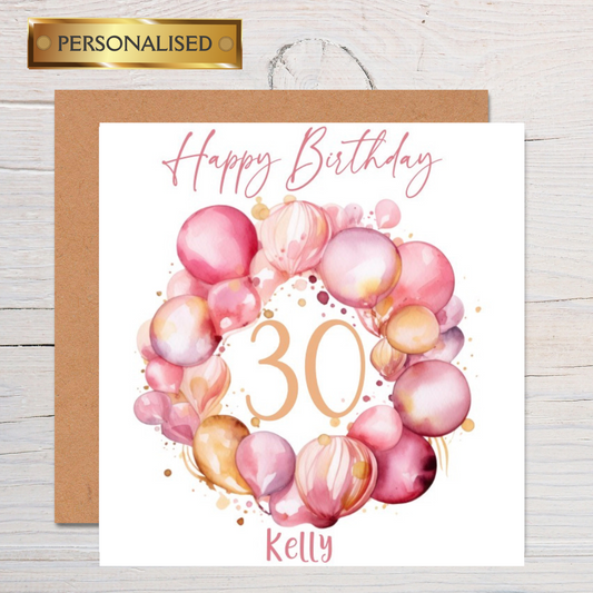 Personalised Female Birthday Card – Any Age, Name or Relation | Mum, Sister, Friend, Daughter | Balloon Wreath Design