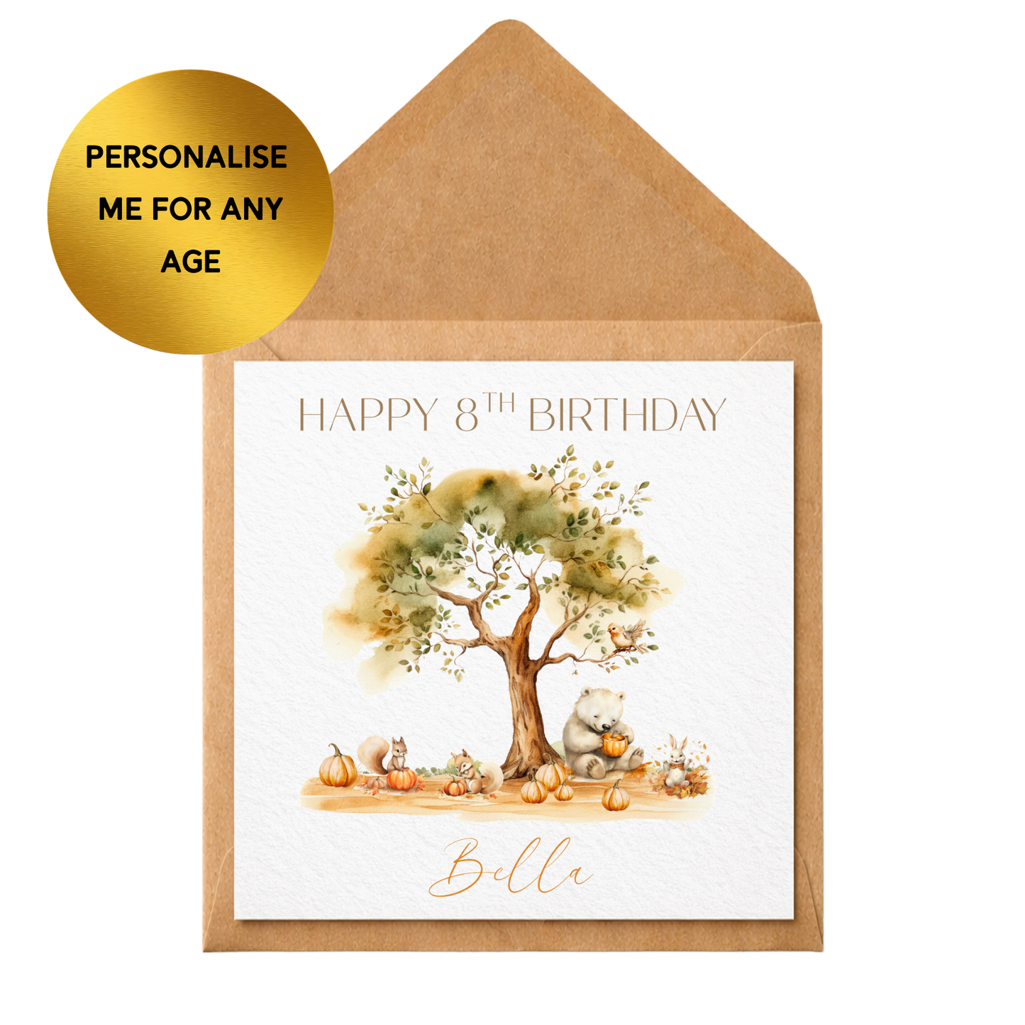 Personalised Autumn Birthday Card, Any Age Birthday Card, Woodland Animal Birthday Card, Pumpkin Birthday Card, Custom Name Card, Fall Birthday