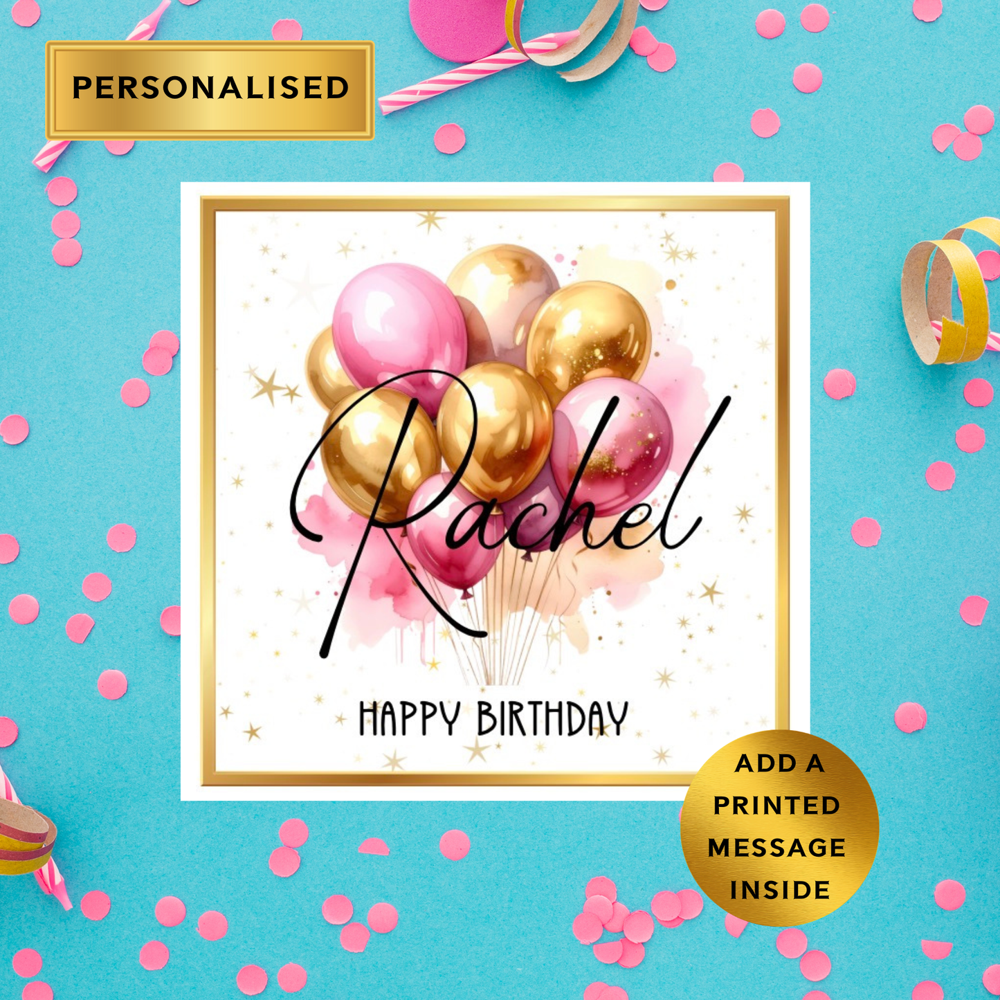 Personalised Pink & Gold Balloon Birthday Card • Any Name • Ladies Birthday Card • Elegant Balloon Birthday Card