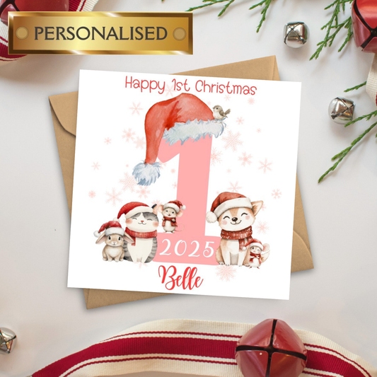 Personalised Baby’s 1st Christmas Card | 2025 First Christmas Card for Boy or Girl | Cute Animal Festive Keepsake Card