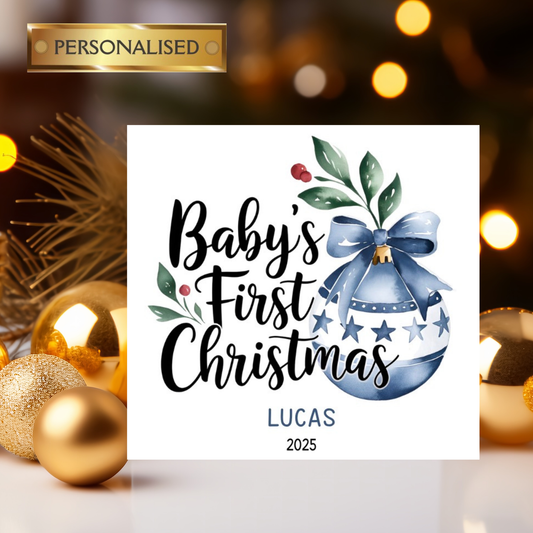 Personalised Baby’s First Christmas Card – Blue Bauble | Custom Name & Year | Baby Boy Christmas Card | Keepsake Xmas Card 2025