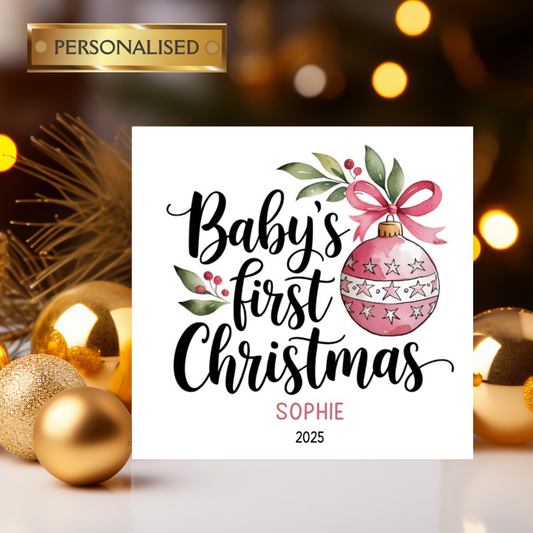 Personalised Baby’s First Christmas Card – Pink Bauble | Custom Name & Year | Baby Girl Christmas Card | Keepsake Xmas Card 2025