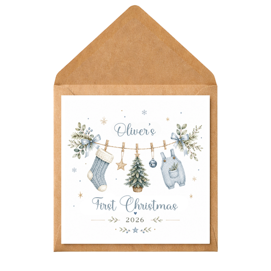 Personalised Baby Boy First Christmas Card, Baby’s 1st Christmas Card, Son Grandson Nephew Xmas Card, Custom Name Keepsake