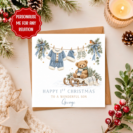 Personalised 1st Christmas Card for Any Relation, Custom Name Xmas Card, Cute Baby Bunny Christmas Card, Son Grandson Nephew Christmas Card