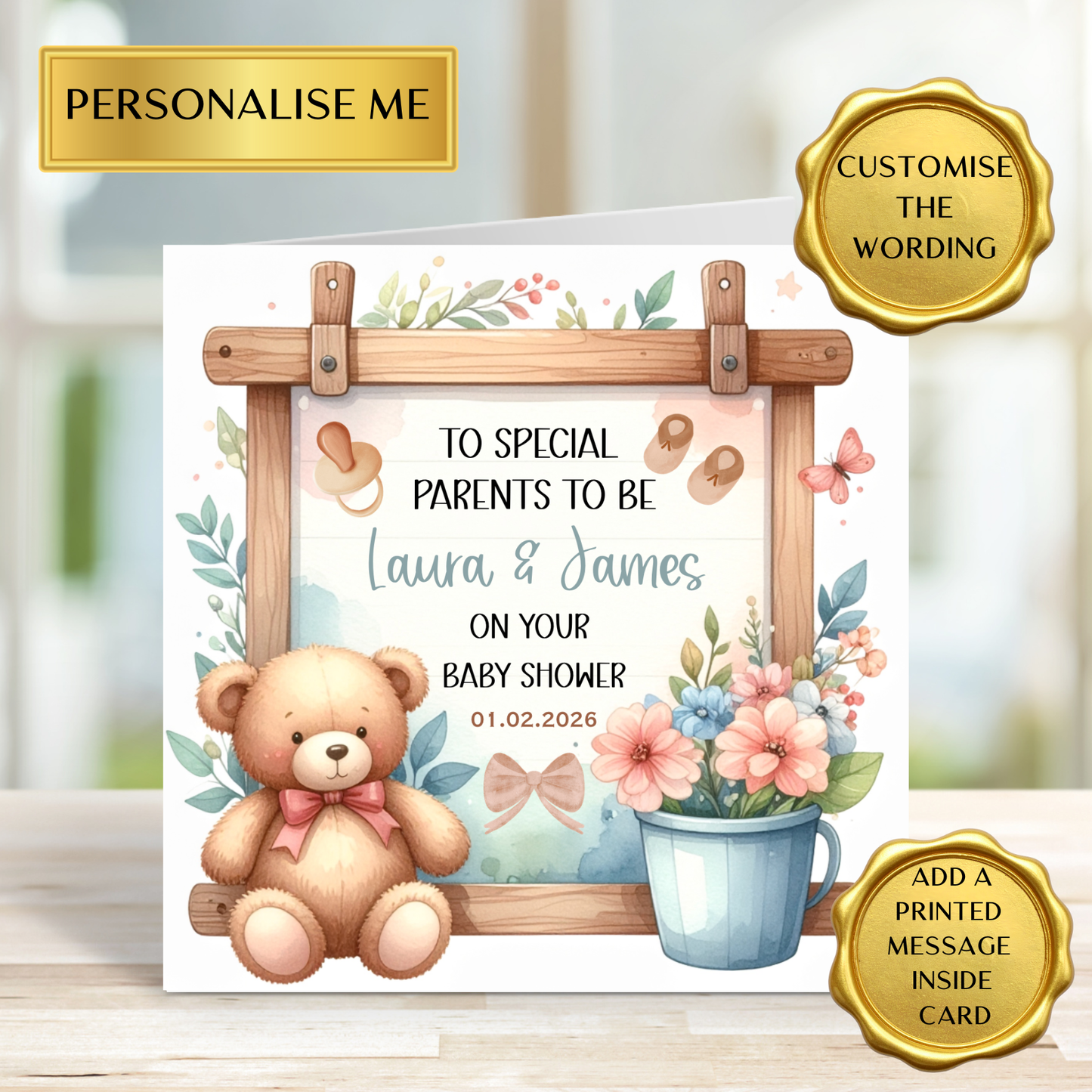 Personalised Baby Shower Card – Custom Wording & Option to Add a Message Inside