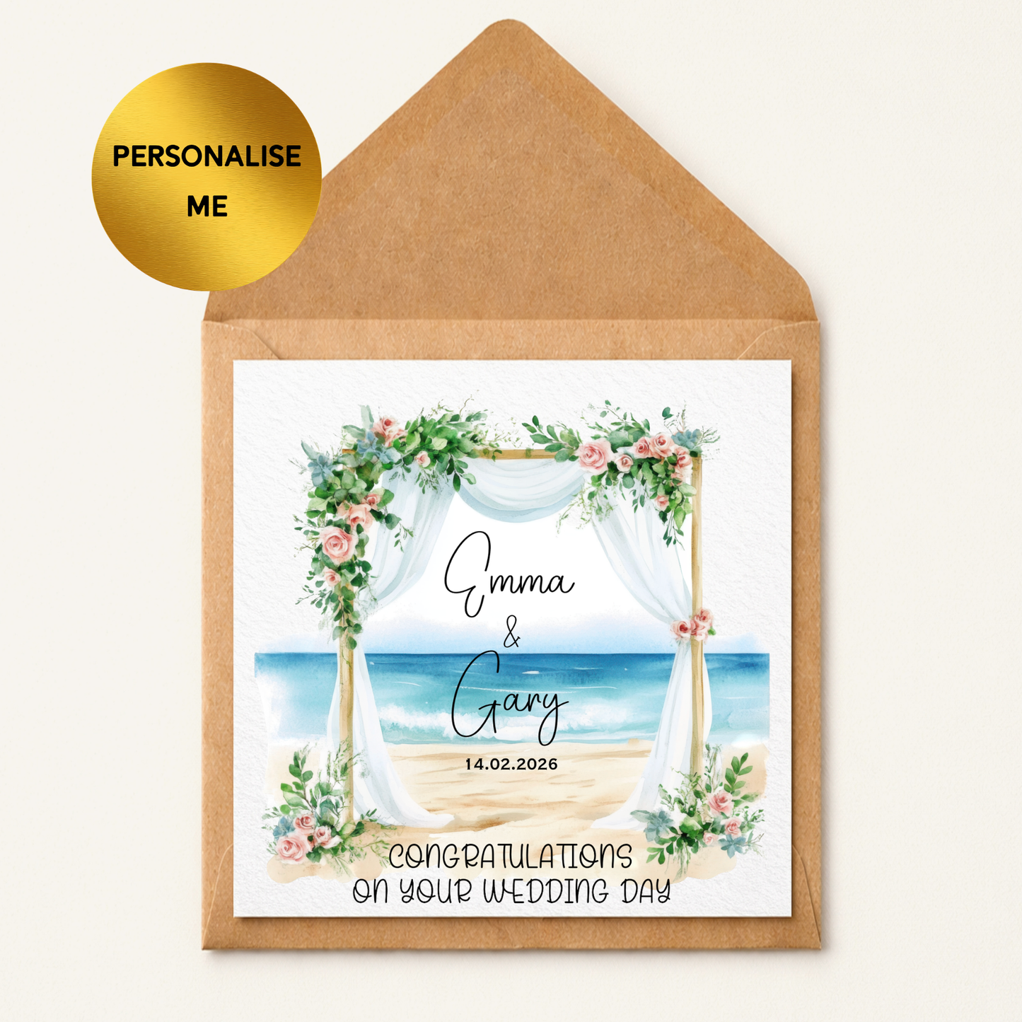 Personalised Beach Wedding Card – Coastal Wedding Congratulations Card – Custom Names & Date – Romantic Seaside Wedding Card