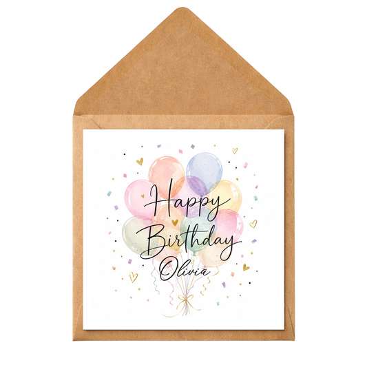 Personalised Balloon Birthday Card | Custom Name Birthday Card | Elegant Watercolour Balloons | Birthday Card for Her | Daughter Friend Sister