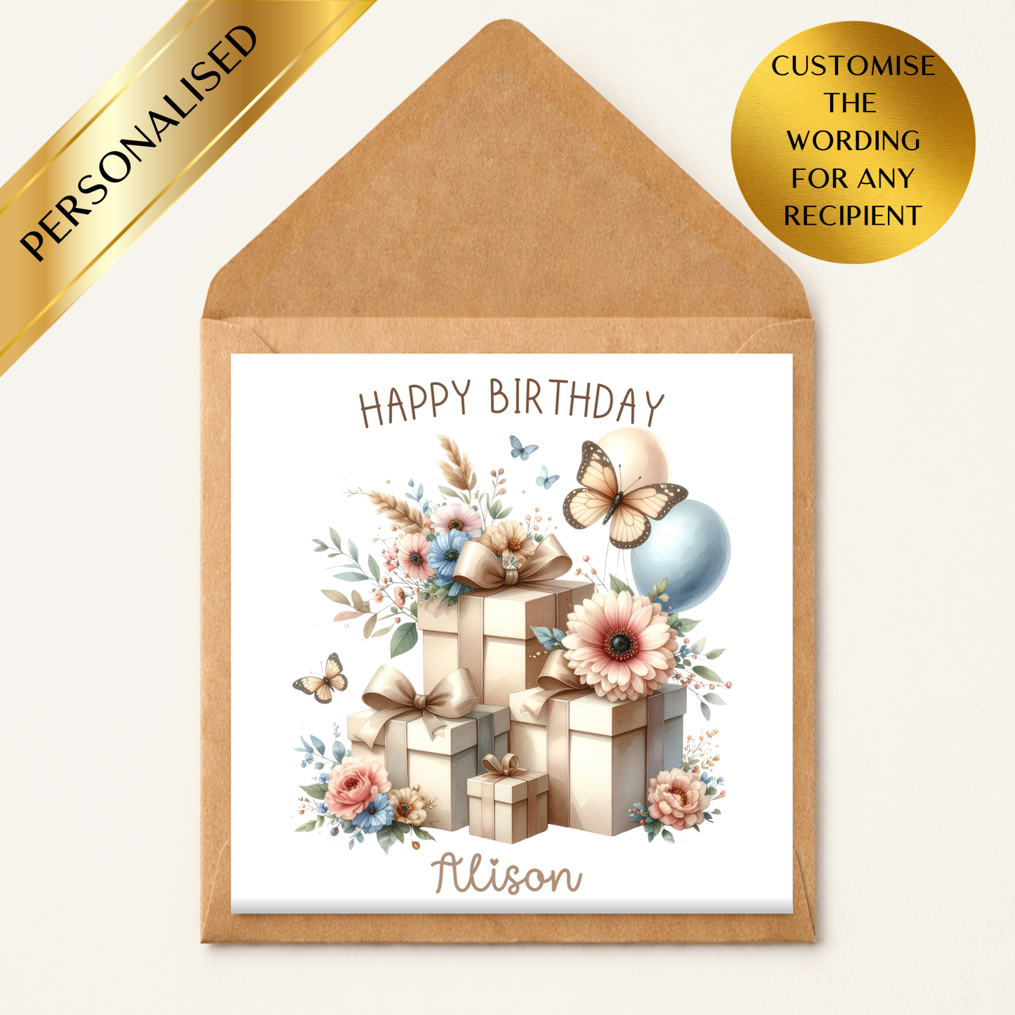 Personalised Birthday Card With Name | Elegant Floral Gift Box Birthday Card | Custom Any Recipient Birthday Card | Neutral Birthday Card