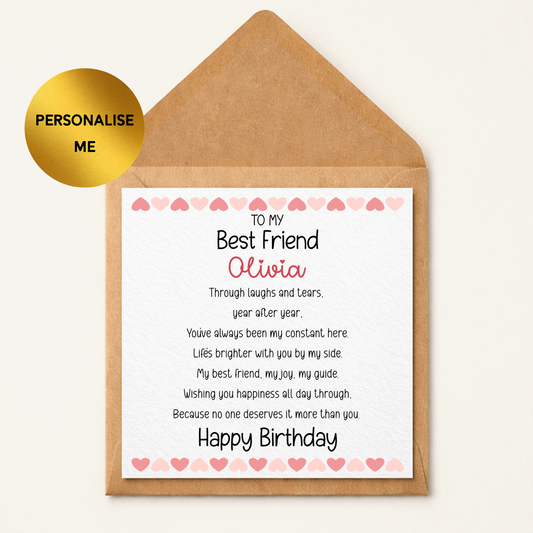 Personalised Best Friend Birthday Card – Custom Name Card for Bestie – Heart Design Friendship Birthday Card – Cute BFF Card