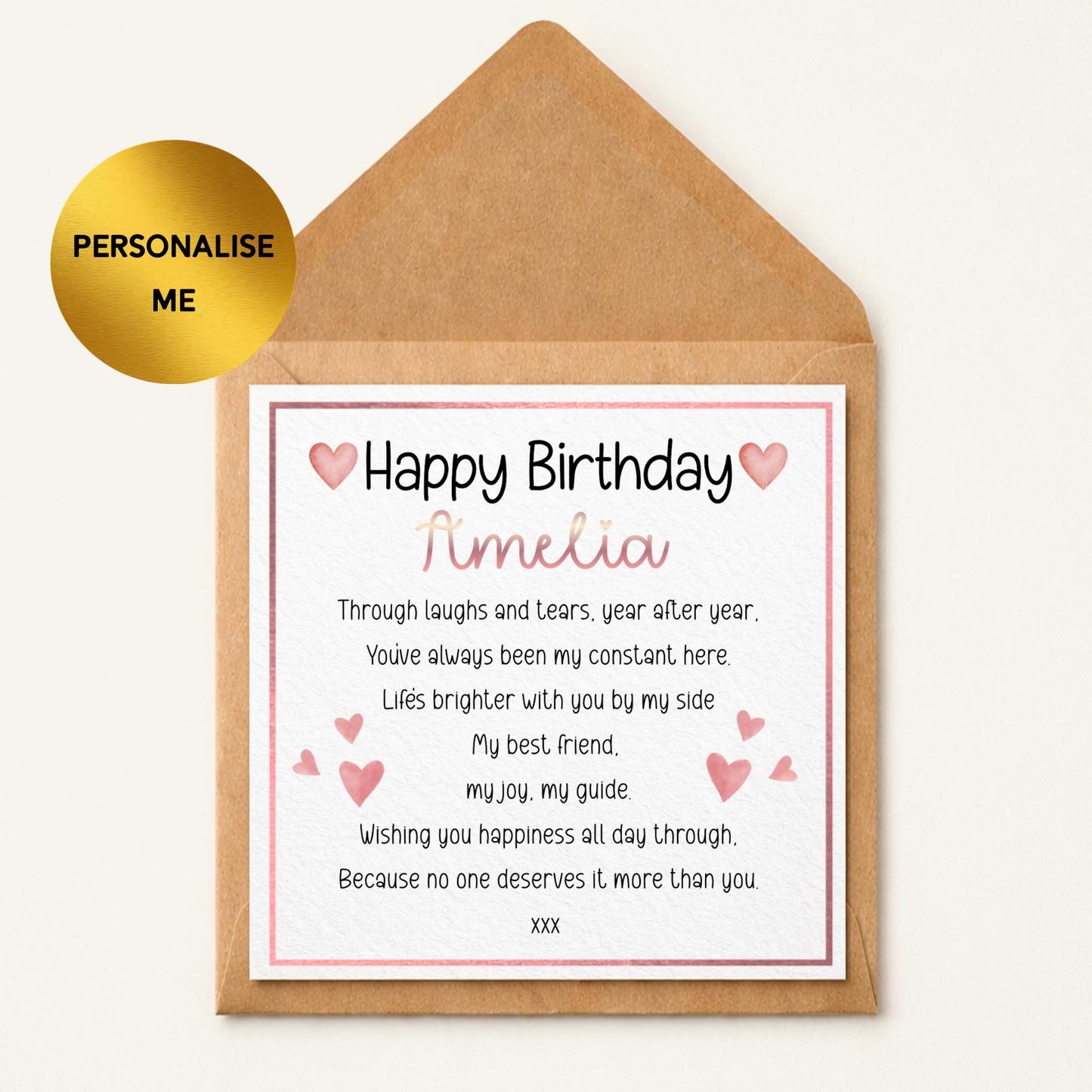 Personalised Best Friend Birthday Card – Custom Name Card for Bestie – Heart Design Friendship Birthday Card – Cute BFF Card