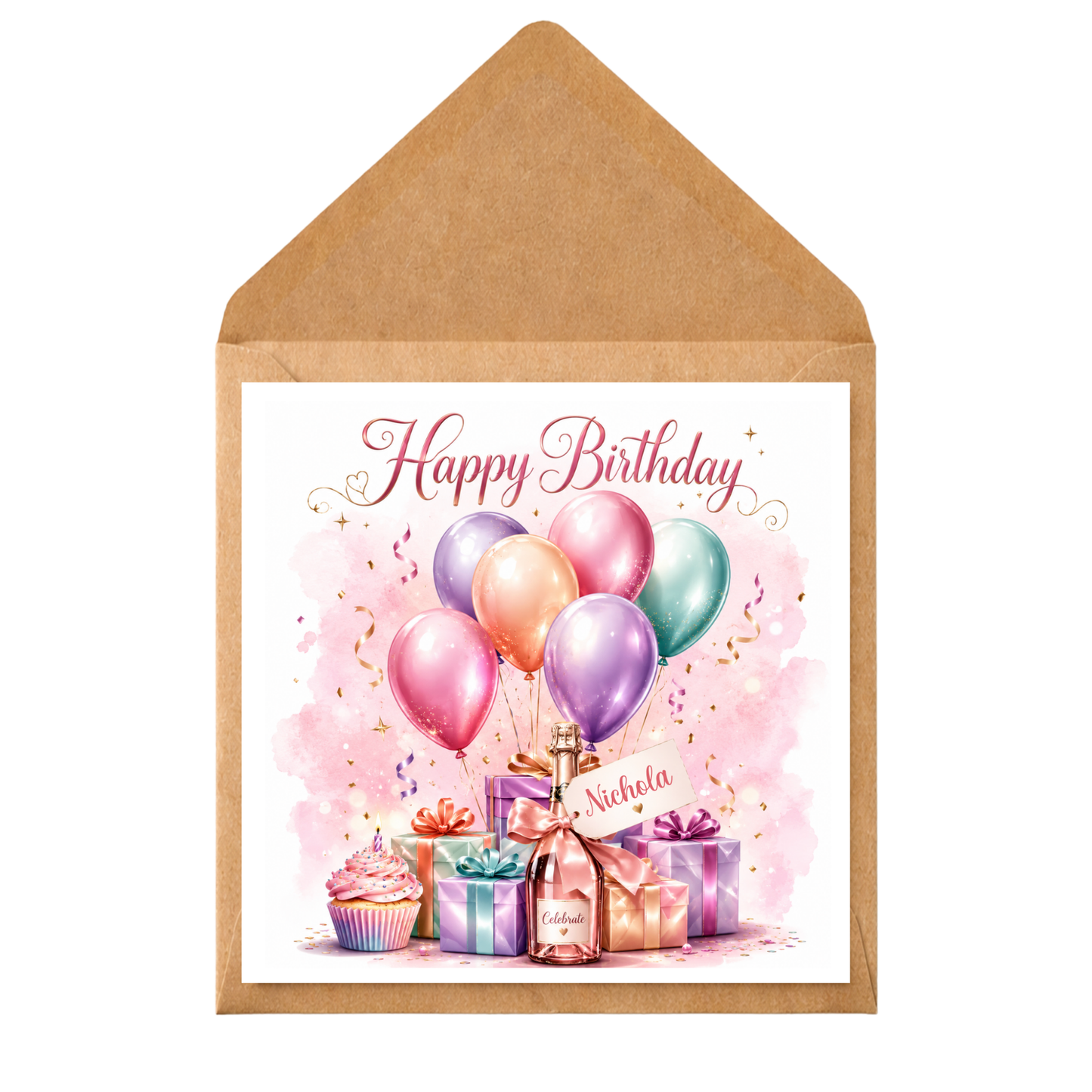 Personalised Birthday Card for a Special Friend or Relation, Custom Name Greeting Card with Balloons, Gifts & Cupcake – Female Birthday Card