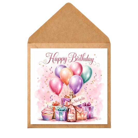 Personalised Birthday Card for a Special Friend or Relation, Custom Name Greeting Card with Balloons, Gifts & Cupcake – Female Birthday Card