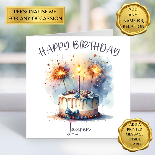 Personalised Birthday Card Any Age & Name | Sparkler Cake Birthday Card | Custom Birthday Card for Her Him Friend