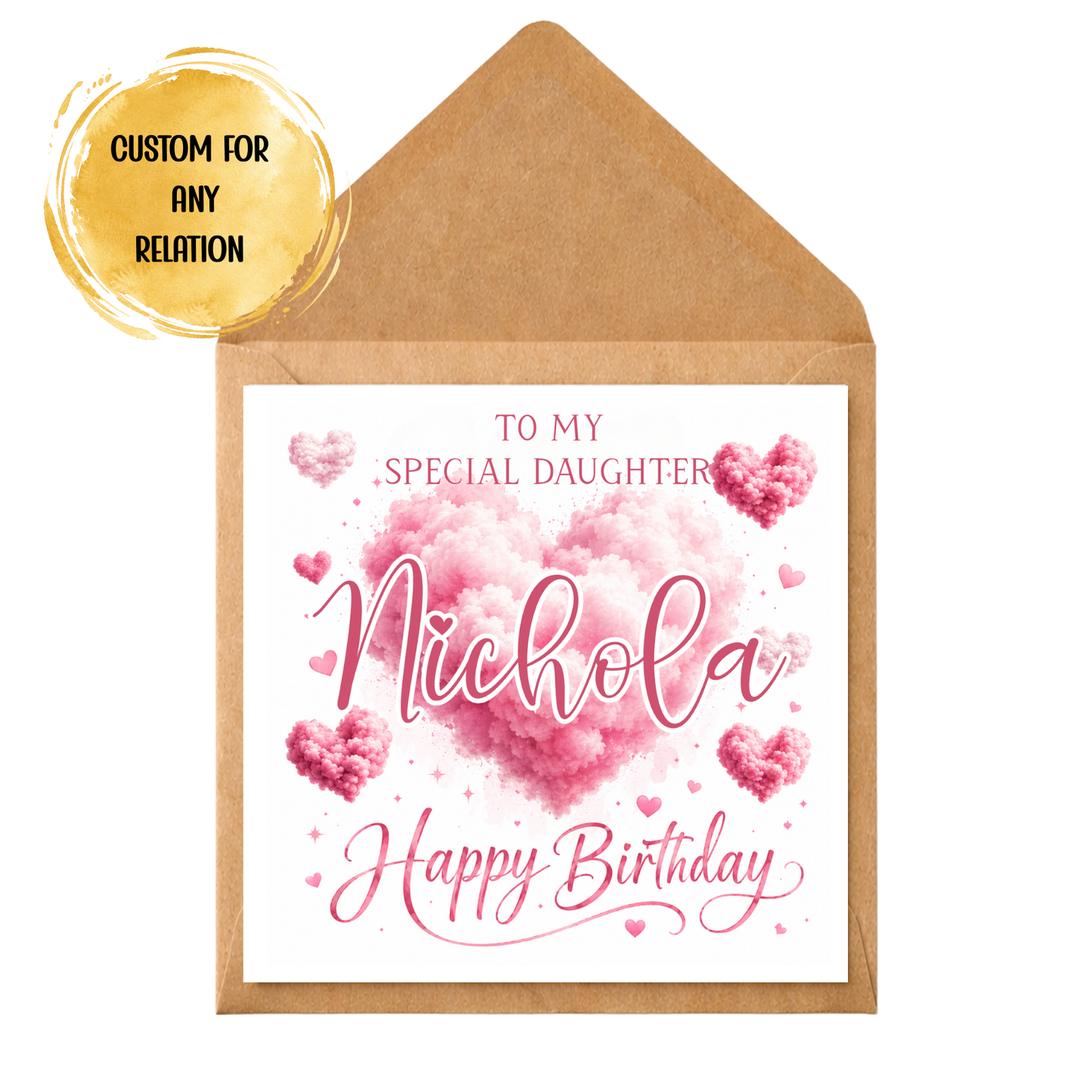 Personalised Birthday Card • Custom Name Birthday Card • Pink Cloud Heart Card • Any Relative Card • Handmade Greeting Card