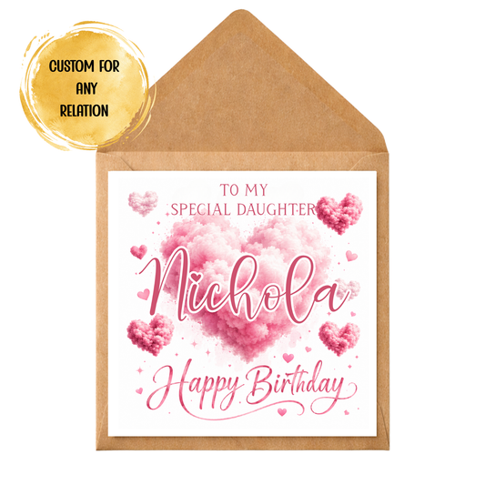 Personalised Birthday Card • Custom Name Birthday Card • Pink Cloud Heart Card • Any Relative Card • Handmade Greeting Card