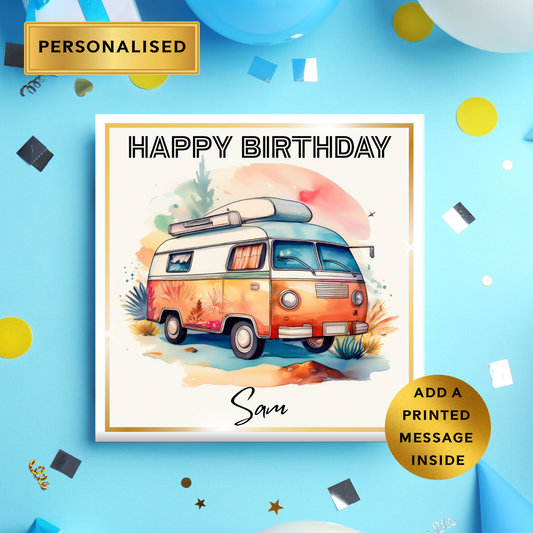 Personalised Campervan Birthday Card | Van Life Birthday Card | Custom Name Card | Travel Lover Birthday | Printed Message Option