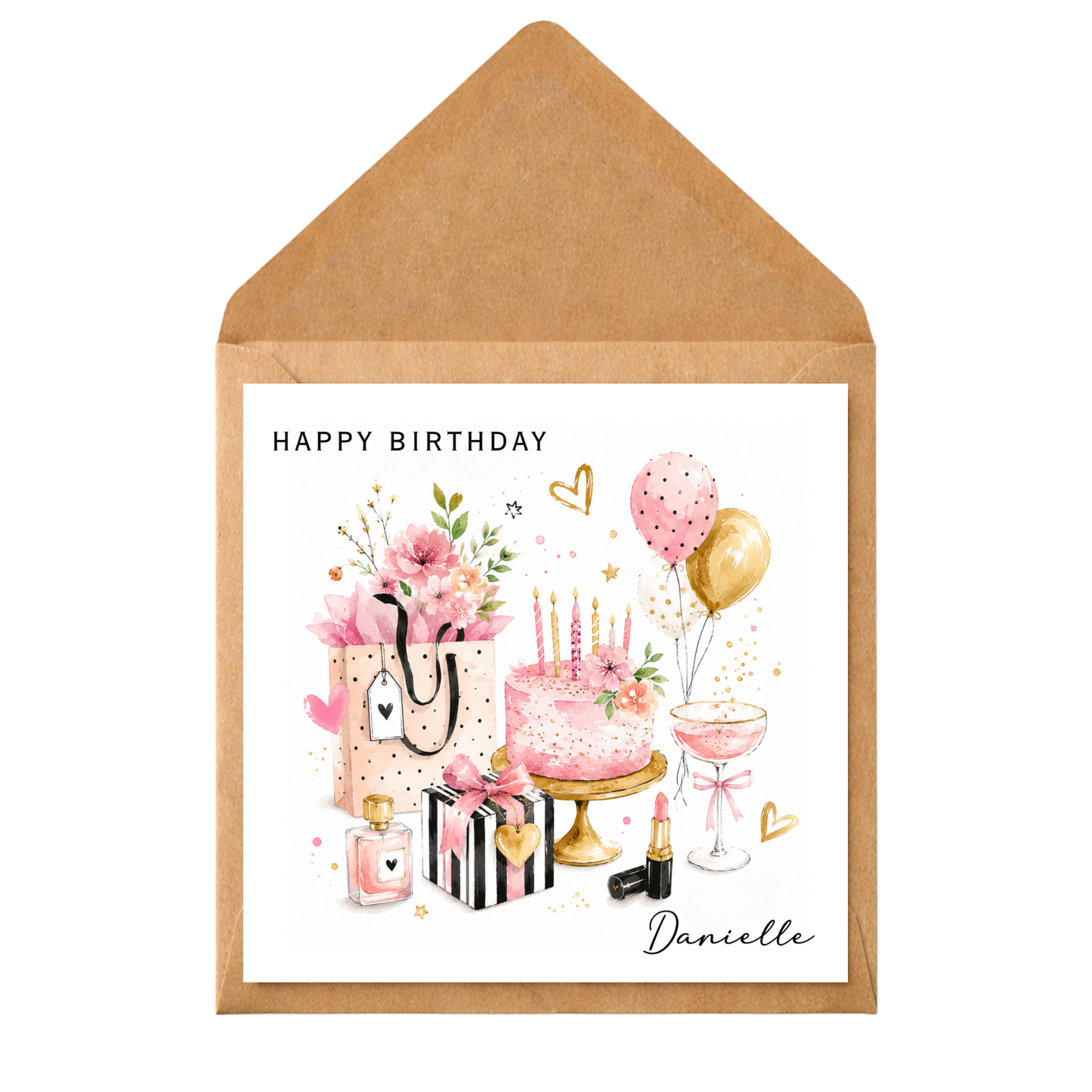 Personalised Birthday Card for Her | Pink Watercolour Birthday Card | Custom Name Birthday Card | Feminine Birthday Card | Luxury Birthday Card