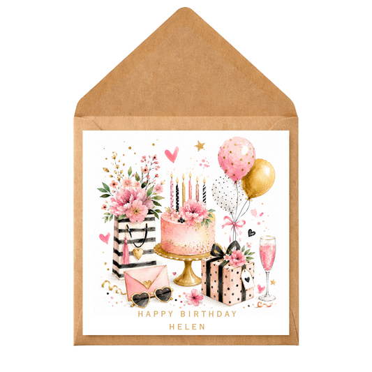 Personalised Birthday Card for Her | Pink Watercolour Birthday Card | Custom Name Birthday Card | Feminine Birthday Card | Luxury Birthday Card